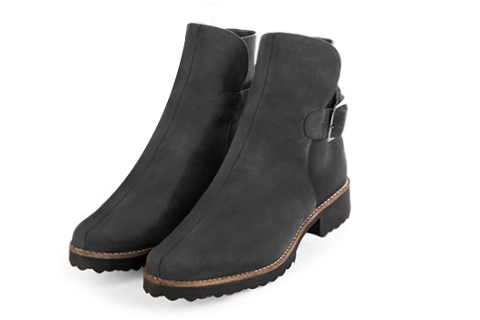 Dark grey women's ankle boots with buckles at the back. Round toe. Flat rubber soles. Front view - Florence KOOIJMAN